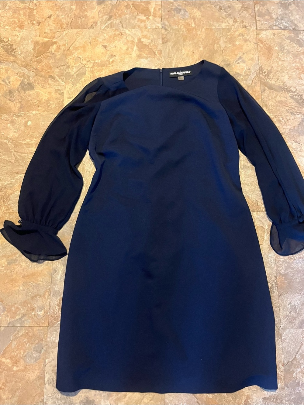 Karl Lagerfeld Navy Sheer-Sleeve Long-Sleeve Shift Dress